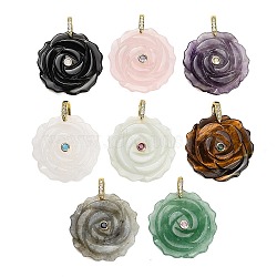 Natural Mixed Gemstone Pendants, Flower Charms, with Brass Pave Cubic Zirconia Findings, Golden, 34.5~35x34~35x9mm, Hole: 6.5x9mm(GG-CBA4625-05G)