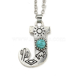 Letter A~Z Antique Silver Plated Alloy with Synthetic Turquoise Pendant Necklace, with Iron Cable Chains, Letter J, 18.70 inch(475mm), Letter J: 30x20.5mm(NJEW-G080-01J)