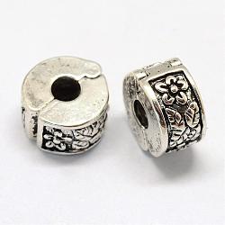 Alloy European Style Clasps, Column with Flower, Antique Silver, 11x6mm, Hole: 3mm(PDLC-R001-07)