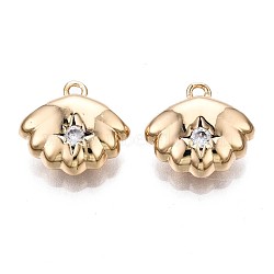 Brass Micro Pave Clear Cubic Zirconia Charms, Shell with Star, Real 18K Gold Plated, 12x13x5mm, Hole: 1.2mm(KK-Q764-004)