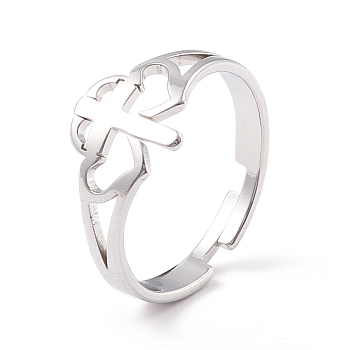 Double Heart with Cross 304 Stainless Steel Adjustable Ring for Women, Stainless Steel Color, Inner Diameter: US Size 7 1/4(17.5mm)