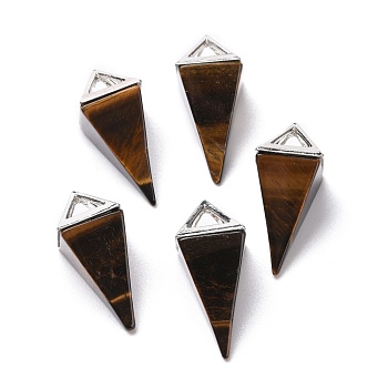 Natural Tiger Eye Pendants, with Platinum Tone Alloy Findings, Pyramid, 29~38x15~15.5x15~15.5mm, Hole: 6x5mm