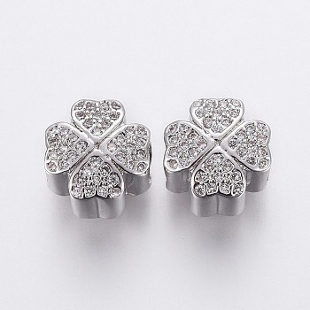 Brass Micro Pave Cubic Zirconia European Beads, Large Hole Beads, Clover, Clear, Platinum, 10x10x8mm, Hole: 4.5mm