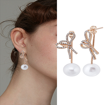 1Pair Alloy Micro Pave Clear Cubic Zirconia Stud Earrings, with ABS Imitation Pearl Beads, Bowknot, Golden, 40mm