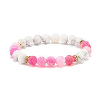 Natural Weathered Agate(Dyed) & Howlite Round Beaded Stretch Bracelet, Gemstone Jewelry for Women, Hot Pink, Inner Diameter: 2-1/4 inch(5.6cm)