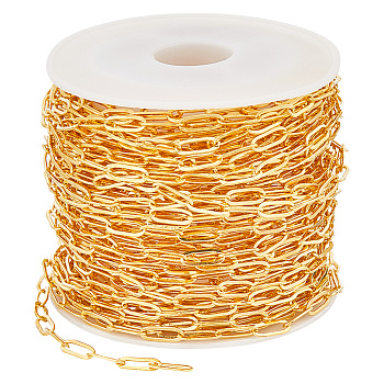 1 Roll Brass Paperclip Chains, Drawn Elongated Cable Chains, Soldered, with Spool, Long-Lasting Plated, Golden, 7.5x3x0.5mm, about 32.81 Feet(10m)/roll