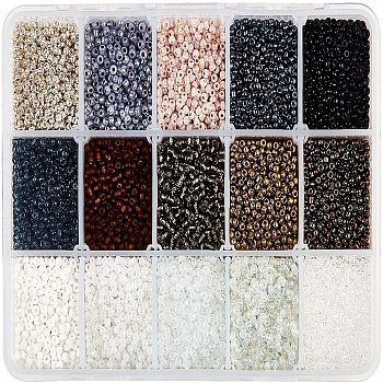 12/0 Glass Seed Beads, Round, Black, 2mm, Hole: 1mm, 15 colors, about 1334pcs/color, 20010pcs/box