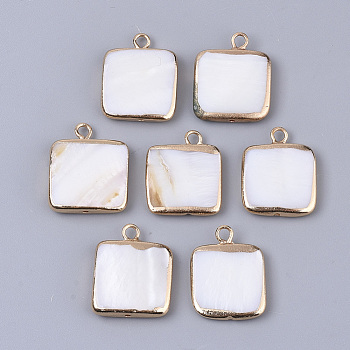 Edge Plated Freshwater Shell Pendants, for DIY Jewelry Making, with Golden Tone Brass Loops and Half Hole, Square, Seashell Color, 18x14~15x3mm, Hole: 0.9~1.8mm