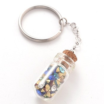 Stainless Steel Keychain, with Glass Rhinestone Bottle and with Wooden Bungs, Colorful, 93mm