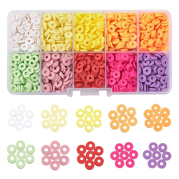 1500Pcs 10 Colors Light Colors Handmade Polymer Clay Beads, Disc/Flat Round, Heishi Beads, Mixed Color, 6x1mm, Hole: 2mm, 150pcs/color