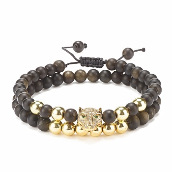 2Pcs 2 Style Natural Obsidian & Synthetic Hematite Braided Bead Bracelets Set with Cubic Zirconia Leopard, Gemstone Jewelry for Women, Golden, Inner Diameter: 2-1/4~3-3/8 inch(5.7~8.5cm), 1Pc/style