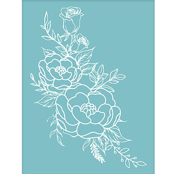 Self-Adhesive Silk Screen Printing Stencil, for Painting on Wood, DIY Decoration T-Shirt Fabric, Flower/Rose, Sky Blue, 28x22cm