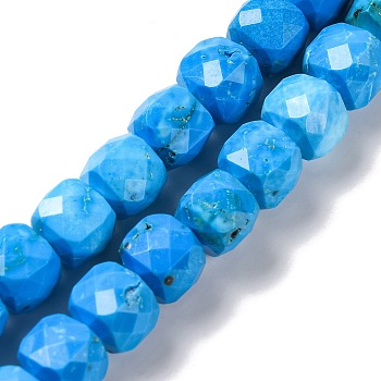 Natural Howlite Beads Strands, Dyed, Faceted Rhombus Cut, Cube, Deep Sky Blue, 7x7x7mm, Hole: 1mm, about 52~57pcs/strand, 15.16~15.55''(37.5~39.5cm)