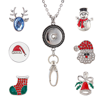 DIY Interchangeable Christmas Office Lanyard ID Badge Holder Necklace Making Kit, Including Tree & Hat Alloy Snap Buttons & Snap Keychain Making, 304 Stainless Steel Cable Chains Necklaces, Mixed Color, 8Pcs/box
