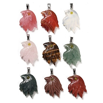 Natural & Synthetic Mixed Gemstone Pendants, Eagle Charms with Platinum Plated Iron Snap on Bails, 36~38x26~26.5x7~8mm, Hole: 6.5x3.5mm