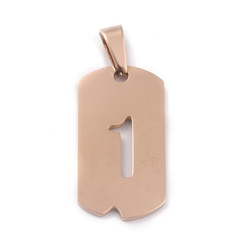 Ion Plating(IP) 304 Stainless Steel Pendants, Manual Polishing, Rectangle with Number, Rose Gold, Num.1, 27.5x14.5x1.5mm, Hole: 3.5mm