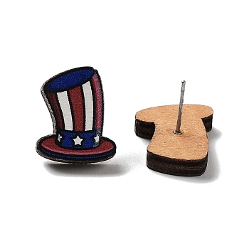 Independence Day Wood Stud Earrings, with 304 Stainless Steel Pins, Hat, 17x14mm