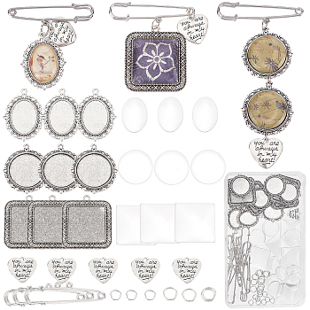 DIY Brooch Making Kits, including Iron Brooch Findings, Transparent Glass Cabochons, Alloy Pendant Cabochon Settings & Pendants, Brass Jump Rings, Antique Silver