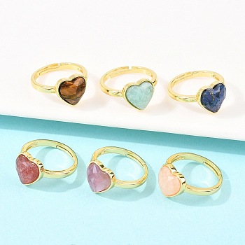 Natural Gemstone Finger Rings with Brass Findings, Heart, Faceted, Rack Plating, Golden, 17mm