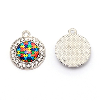 Zinc Alloy Enamel Pendants, with Rhinestones, for Jewelry  Making, Flat Round with Puzzle Pattern, Colorful, Platinum, 22.5x19x5mm, Hole: 1.8mm