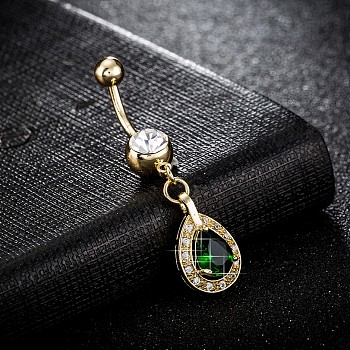 Piercing Jewelry, Brass Cubic Zirconia Navel Ring, Belly Rings, with 304 Stainless Steel Bar, Cadmium Free & Lead Free, teardrop, Real 18K Gold Plated, Dark Green, 47x10mm, Bar: 15 Gauge(1.5mm), Bar Length: 3/8"(10mm)