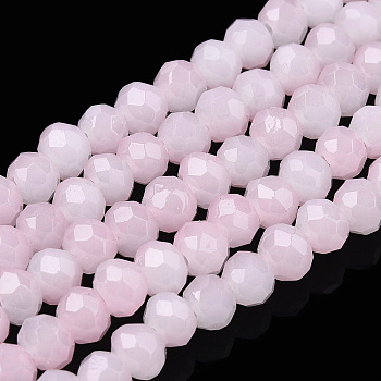 Two-Tone Imitation Jade Glass Beads Strands, Faceted, Rondelle, Pearl Pink, 4.5x3.5mm, Hole: 1mm, about 122~135pcs/strand, 16.73 inch~17.32 inch(42.5~44cm)