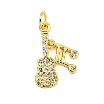 Rack Plating Brass Micro Pave Clear Cubic Zirconia Pendants, with Jump Ring, Cadmium Free & Lead Free, Long-Lasting Plated, Guitar, Real 18K Gold Plated, 19x11x1.5mm, Hole: 3.5mm