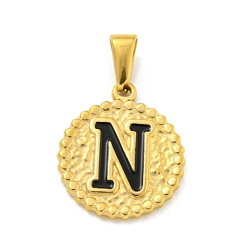 Ion Plating(IP) 304 Stainless Steel Enamel Pendants, Golden, Flat Round with Letter Charm, Letter N, 21x18x2mm, Hole: 8x3.5mm