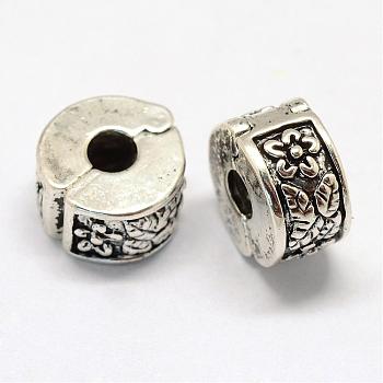 Alloy European Style Clasps, Column with Flower, Antique Silver, 11x6mm, Hole: 3mm