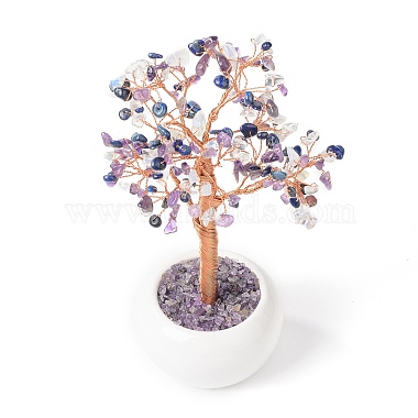 セラミック花瓶のディスプレイ装飾に真鍮で包まれたワイヤー金のなる木を備えた天然および合成宝石チップ(DJEW-B007-02D)-3