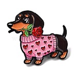Dachshund in Heart Sweater with Rose Flower Enamel Pins, Alloy Lapel Pin Backs for Backpack Clothes, Pink, 30x32.5mm(JEWB-Z049-03EB-02)