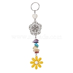 Flower Resin Keychains, with Chakra Gemstone Chip and 304 Stainless Steel Split Key Rings and Tibetan Style Alloy Links, Gold, 14.5cm(KEYC-JKC00556-02)