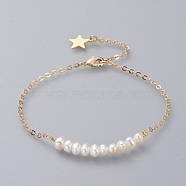 Beaded Bracelets, with Natural Pearl and Brass Cable Chains, Real 18K Gold Plated, 9 inch(23cm)(BJEW-JB04745-01)