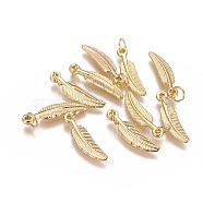 Brass Pendants, Long-Lasting Plated, Feather, Golden, 21.5x5x1.5mm, Hole: 4mm(KK-K238-02G)