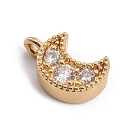 Brass Micro Pave Cubic Zirconia Charms, Moon, Clear, Golden, 10.5x7x3.5mm, Hole: 1.2mm(ZIRC-L091-039B-G)