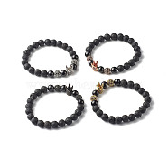 Oil Diffuser Yoga Natural Tourmaline & Natural Lava Rock Beads Stretch Bracelet for Girl Women, Crown Brass Cubic Zirconia Bead Bracelet, Inner Diameter: 2-1/8~2-1/4  inch(5.4~5.7cm)(BJEW-JB06800)