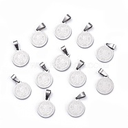 Flat Round with San Benito & Word 304 Stainless Steel Charms, Stainless Steel Color, 14x12x1.2mm, Hole: 4x6.5mm(X-STAS-I036-03C)