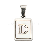 304 Stainless Steel Pave Natural White Shell Pendants, Rectangle with Letter Charms, Stainless Steel Color, Letter D, 17.5x12x1.5mm, Hole: 6x3mm(STAS-S130-03P-D)