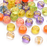 Transparent Mixed Color Acrylic Beads, Metal Enlaced, Flat Round with Mixed Expression, Golden Plated, 7x3.5mm, Hole: 1.5mm, about 360~370pcs/50g(X-TACR-Q102-003B)