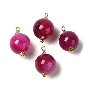 Dyed Natural Agate Pendants, Round Charms with Real 18K Gold Plated Brass Loops, Camellia, 20~20.5x11.5~12.5mm, Hole: 1.4~1.5mm(KK-P242-09D-G02)