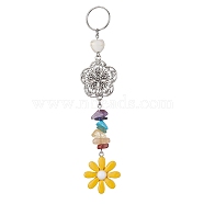 Flower Resin Keychains, with Chakra Gemstone Chip and 304 Stainless Steel Split Key Rings and Tibetan Style Alloy Links, Gold, 14.5cm(KEYC-JKC00556-02)