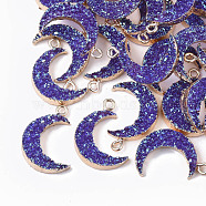 Druzy Resin Pendants, with Edge Light Gold Plated Iron Loops, AB Color Plated, Moon, Indigo, 23~24x15.5x5mm, Hole: 1.8mm(X-RESI-S383-009-A01)