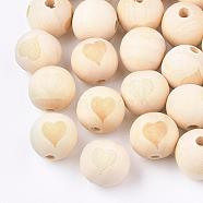 Natural Wood European Beads, Large Hole Beads, Round with Heart, PapayaWhip, 20x18mm, Hole: 4mm(WOOD-T012-17)