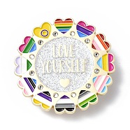 Rainbow Color Pride Heart Enamel Pin with Rhinestone, Light Gold Alloy Word Love Yourself Brooch for Backpack Clothes, Colorful, 45.5x1.5mm(JEWB-E019-03LG)