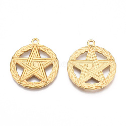 Rack Plating 304 Stainless Steel Pendants, Flat Round with Star, Real 18K Gold Plated, 28.5x25x2mm, Hole: 2mm(STAS-N098-076LG)