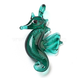 Handmade Lampwork Pendants, Sea Horse, Teal, 42~42.5x27x10mm, Hole: 3x3.5mm(LAMP-A004-02E)