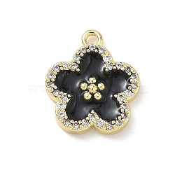 Brass Micro Pave Clear Cubic Zirconia and Enamel Pendants, Flower Charms, Rack Plating, Long-Lasting Plated, Cadmium Free & Lead Free, Real 18K Gold Plated, Black, 15.5x13.5x2.5mm, Hole: 1.4mm(KK-A300-18B)