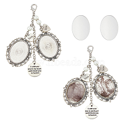 Flat Round & Heart & Oval Alloy Pendant Decorations, with Transparent Glass Cabochon and Glass Pearl Beads, for Wedding Photo Bouquet Decorations, Antique Silver & Platinum, 132mm, 2pcs/set(HJEW-AB00498)