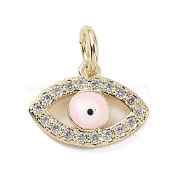 Real 18K Gold Plated Brass Micro Pave Cubic Zirconia Charms, with Enamel and Jump Ring, Evil Eye Charms, Pink, 10.5x14.5x2.5mm, Hole: 4mm(KK-L209-071G-01)