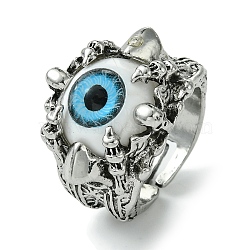 Evil Eye Alloy Acrylic Adjustable Rings, Lead Free & Cadmium Free, Antique Silver, Blue, 21mm, Inner Diameter: 19mm(RJEW-K275-51AS-01)